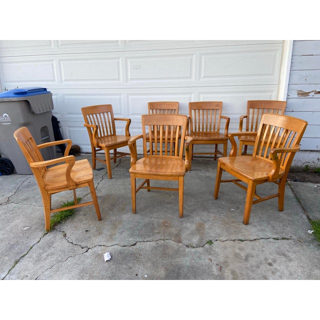 Mid-Century Modern Vintage Mid Century Modern Jasper Seating Co Furniture Bankers Golden Oak Chair Set of 7 For Sale - Image 3 of 12