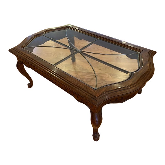 1980s Drexel Heritage Grand Villa Pecan Leaded Glass Coffee Table For Sale