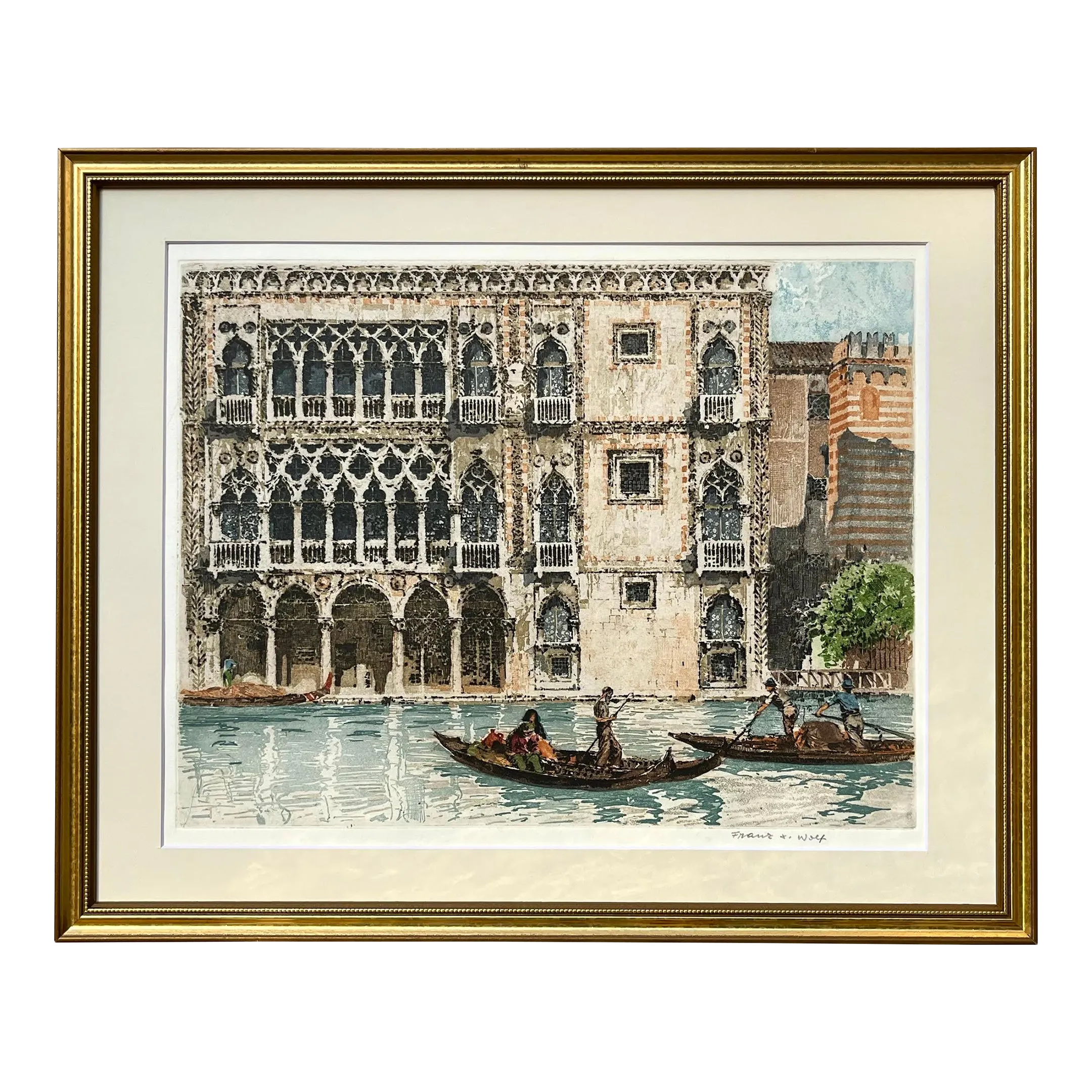 Vintage Color Etching Venice Italy Gondolas by Franz Xavier Wolf