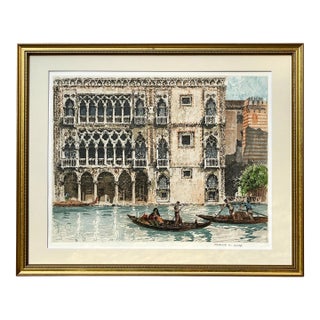 Vintage Color Etching Venice Italy Gondolas by Franz Xavier Wolf For Sale