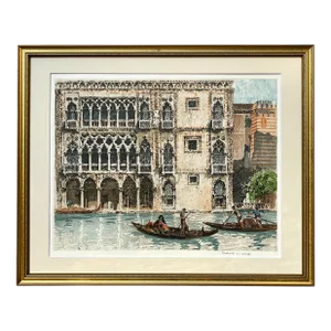 Vintage Color Etching Venice Italy Gondolas by Franz Xavier Wolf