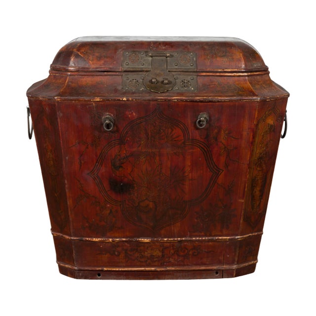 Wood Chinese Qing Dynasty Red Lacquer & Hand-Painted Décor Wedding Chest For Sale - Image 7 of 13