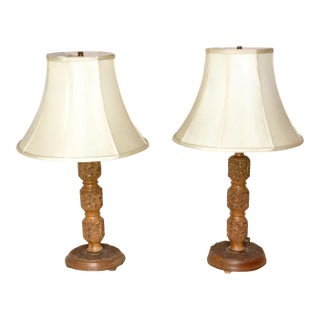 Pair of Hand-Carved Kashmiri Wood Lamps For Sale