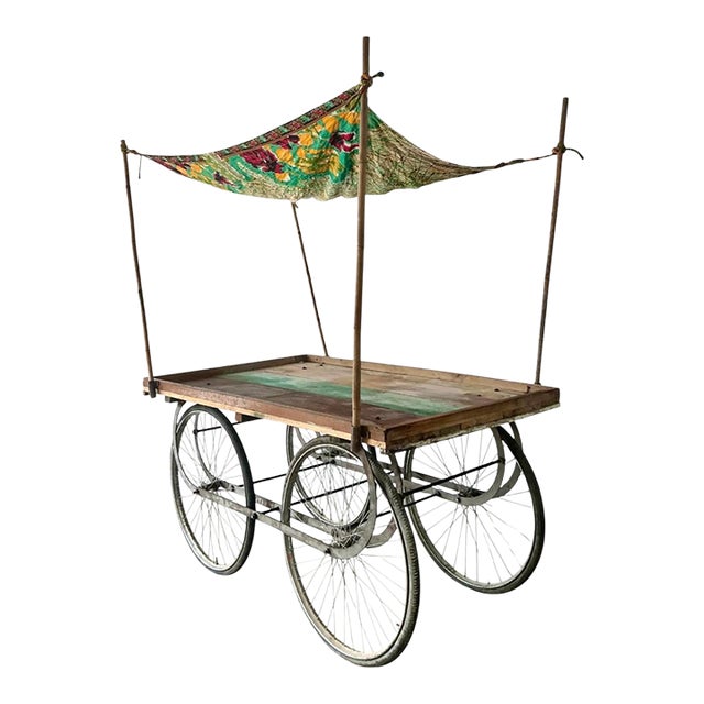 Vintage Wooden Market Cart With Fabric Canopy For Sale