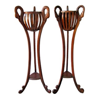 1920s Pair of Antique Empire Style Carved Mahogany Swan Heads Basket Jardinieres Plant Stands For Sale