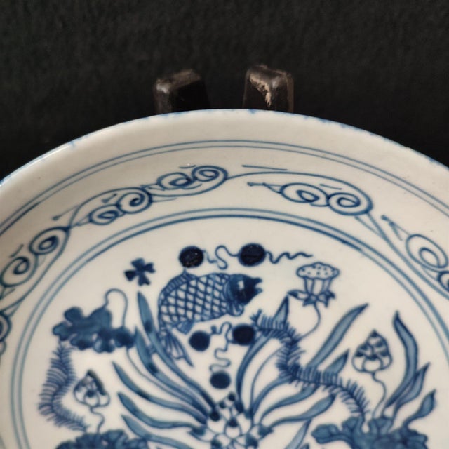Early 20th Century Chinese Ceramic Plate,Qianlong Marked Blue and White Porcelain Plate Hand Painted Fish Pattern For Sale - Image 5 of 10