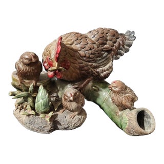 Vintage Shiwan Kiln Glazed Hen & Chicks Statue / Farmhouse Animal Sculpture For Sale