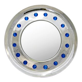 Italian Modern Nickel Round Mirror With Jewel Like Blue Murano Glass For Sale