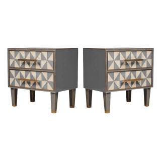 Wooden Bedside Tables with Grey Optical Murano Glass from Justfurnituress SRL, Set of 2 For Sale