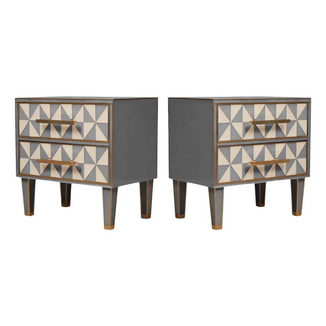 Wooden Bedside Tables with Grey Optical Murano Glass from Justfurnituress SRL, Set of 2 For Sale