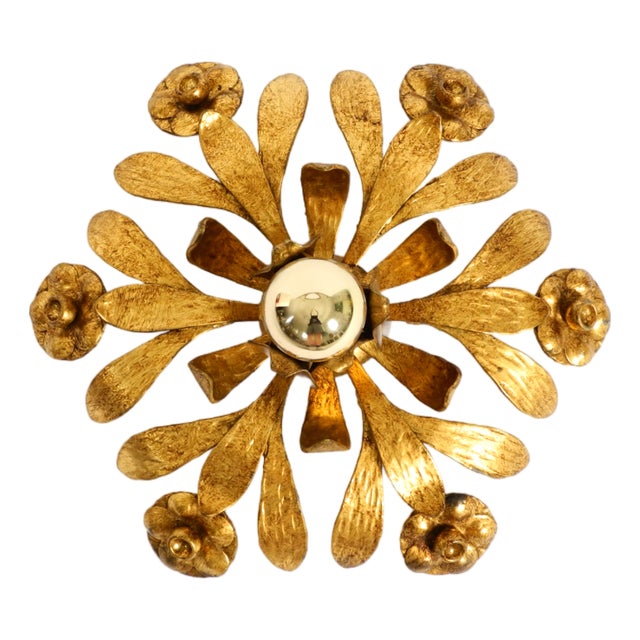 Brutalist Florentine Gold-Plated Iron Ceiling Lamp, 1960s For Sale