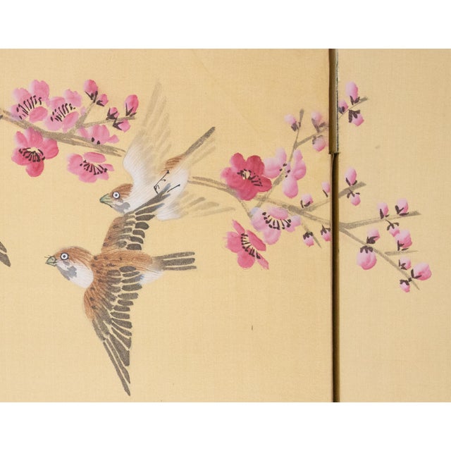 C. 1970s Chinese Painted Silk Screen "Sparrows and Plum Blossom" For Sale - Image 14 of 18