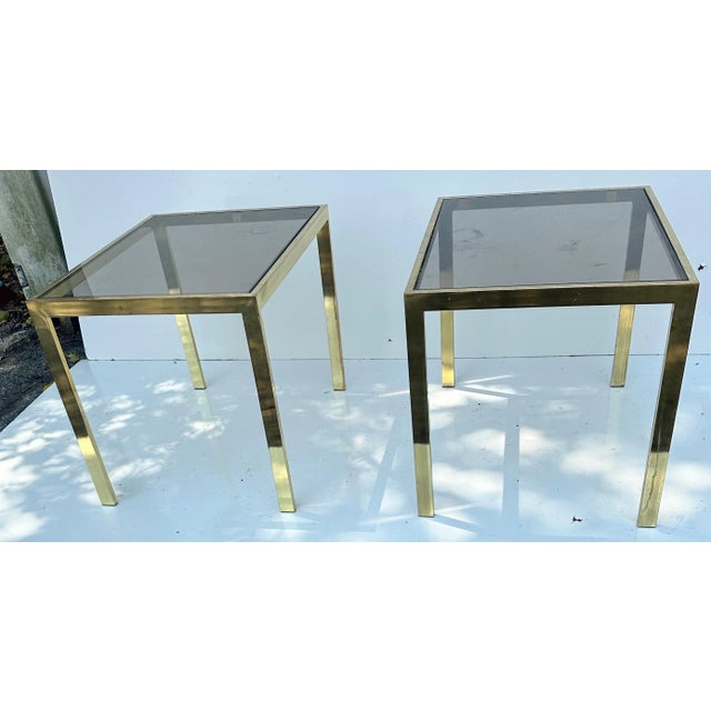 Metal Milo Baughman Style Side Brass and Smoke glass side table - A Pair For Sale - Image 7 of 10