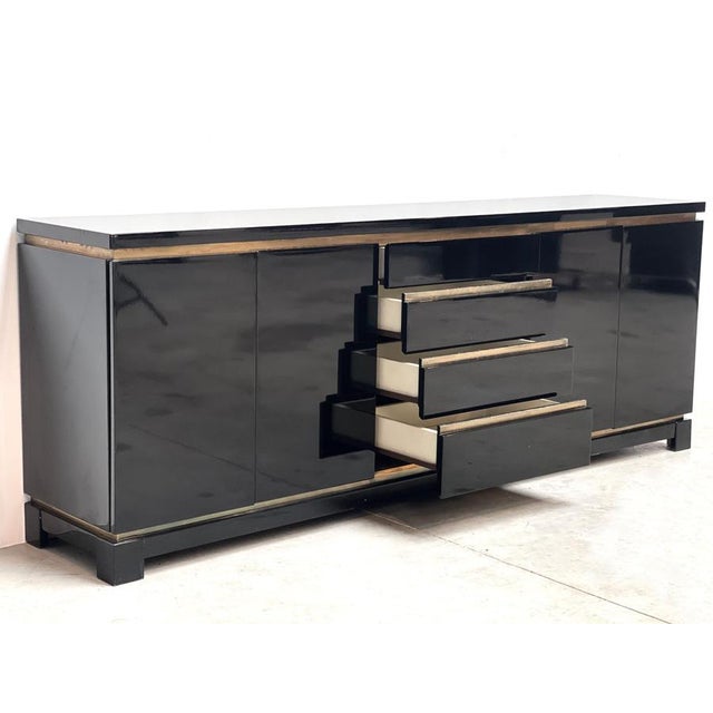Black Black Lacquer and Brass Sideboard from Jean Claude Mahey, 1970s For Sale - Image 8 of 9