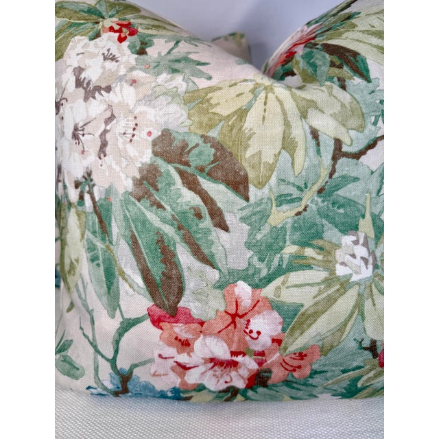Custom pair of 22" pillows covered in Colefax & Fowler "Mereworth" in color tomato/olive linen fabric. These pillows are...