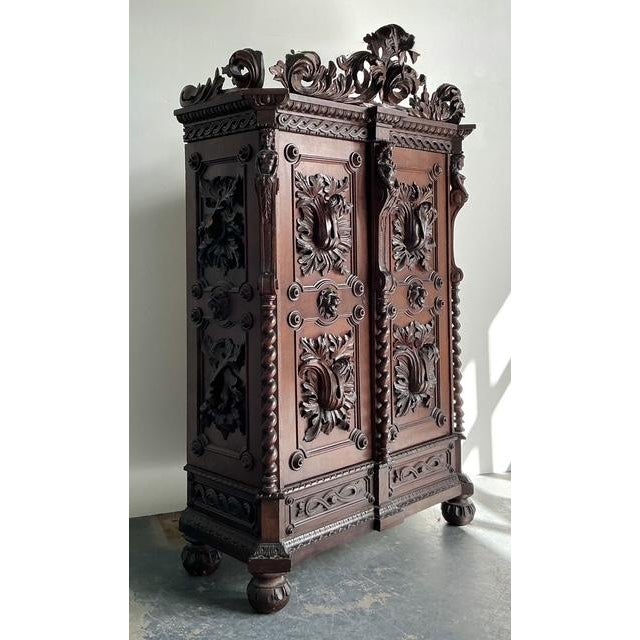 Vintage Boho Black Forest Carved Oak Armoire For Sale - Image 9 of 14
