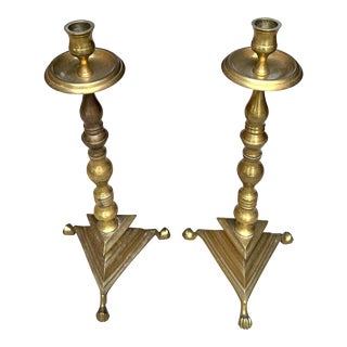 20th C Vintage Solid Cast Brass Claw Footed Candlesticks -A Pair For Sale