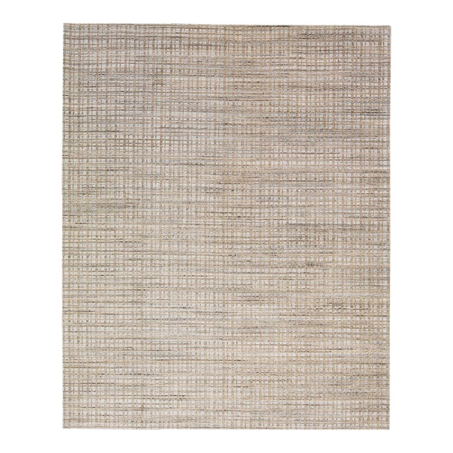 2010s Gray Wool & Silk Modern Handmade Rug With Geometric Design For Sale