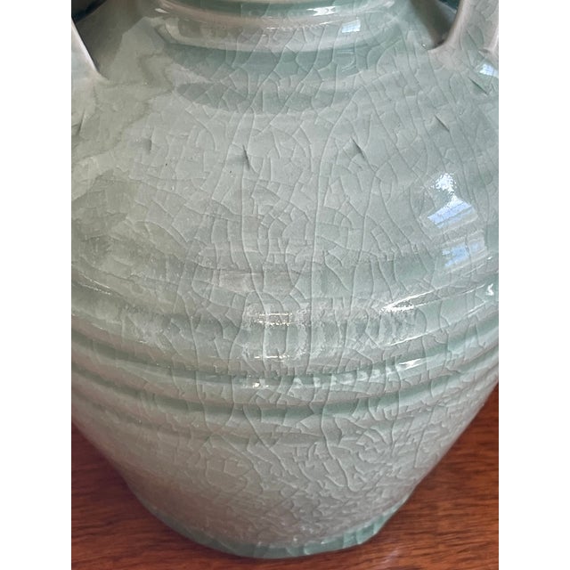 Chinoiserie Simon Pearce Crackle Glazed Celadon Two Handled Jug For Sale - Image 3 of 9