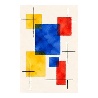 Midcentury Modern Abstract Art Print – Blue, Red and Yellow Geometric Design, 12" X 18" For Sale