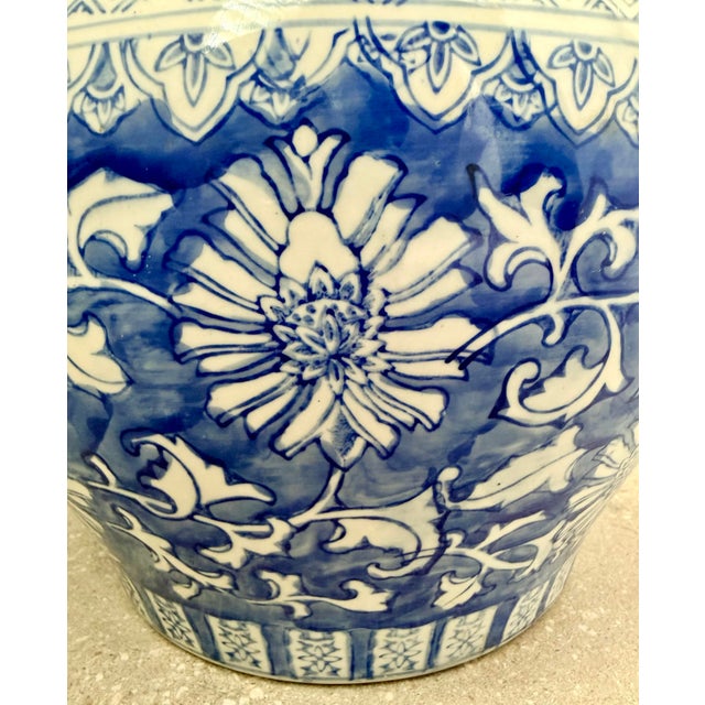 Large Traditional Chinoiserie Blue & White Ceramic Hand Painted Chinese Fish Bowl Jardiniere, Cache Pot, Garden Planter With Botanical Motif For Sale - Image 4 of 12