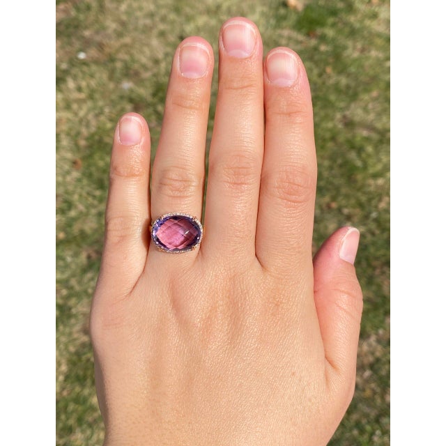 The Nelle: Checkerboard Cut Natural Amethyst and Diamond Halo Ring in Rose Gold For Sale - Image 10 of 11