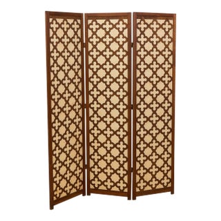 Mid 20th Century Wood Patterned Three Panel Screen Divider For Sale