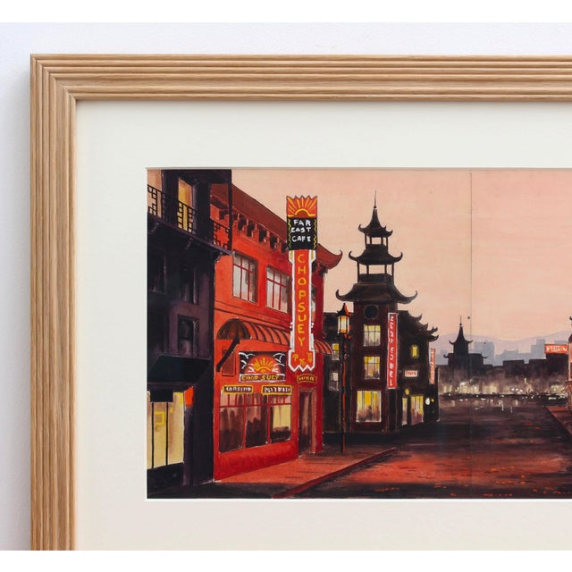 French School Artist, Chinatown in San Francisco at Twilight, 1950s, Ink & Gouache, Framed For Sale - Image 4 of 13