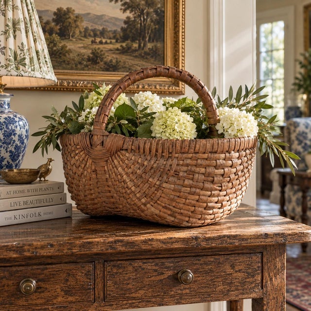 A generously scaled late-19th-century gathering basket, handwoven from narrow oak splints around a sturdy fixed wrapped...