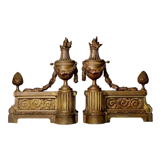 Pair of French Gilt Bronze Chenets, Patinated, Louis XVI Style, 19th Century For Sale