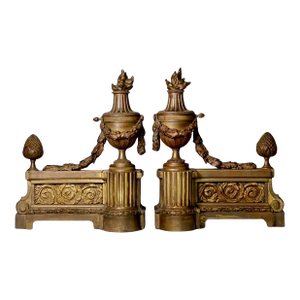 Pair of French Gilt Bronze Chenets, Patinated, Louis XVI Style, 19th Century