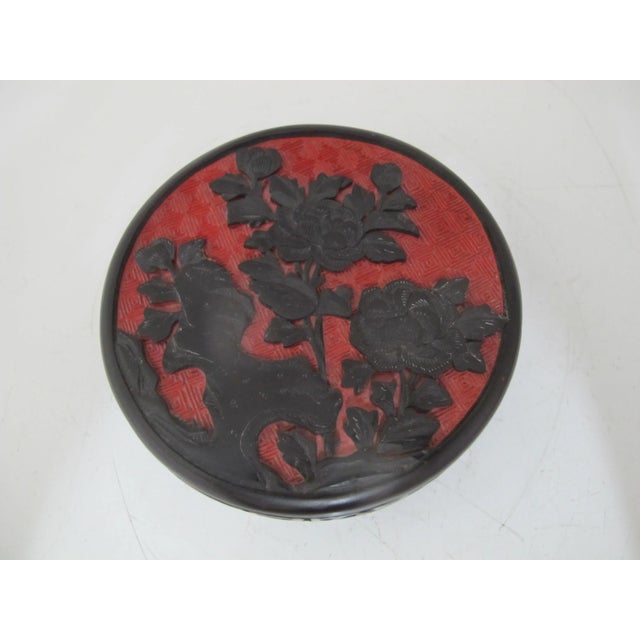 Paint Chinese Carved Red Black Flowers & Branches Cinnabar Lacquer Round Box For Sale - Image 7 of 7