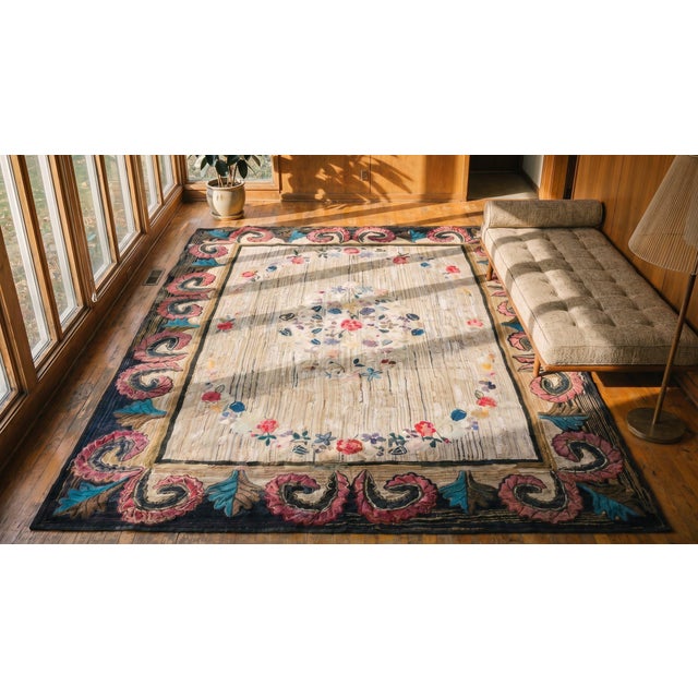19th Century Wonderful Ivory Background Color With Dynamic Florid Design Antique American Hooked Rug For Sale - Image 5 of 7