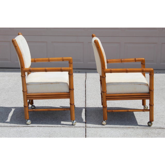 Vintage Faux Bamboo Armchairs on Casters – Pair of Hollywood Regency / Campaign Style Lounge Chairs For Sale In Naples, FL - Image 6 of 15