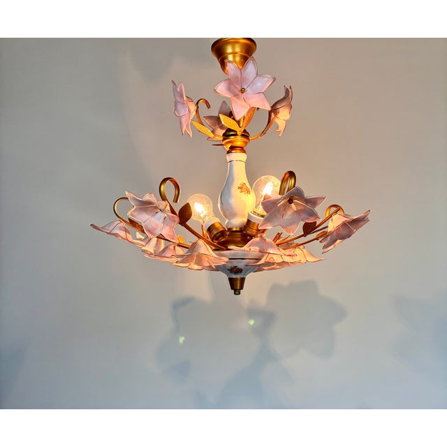 Vintage Pink Murano Style Art Deco Hand Painted Glass Floral Chandelier For Sale - Image 10 of 14