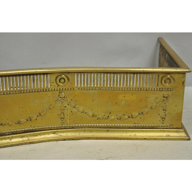 Antique English Victorian Serpentine Drape & Bellflower Brass Fireplace Fender For Sale - Image 4 of 14