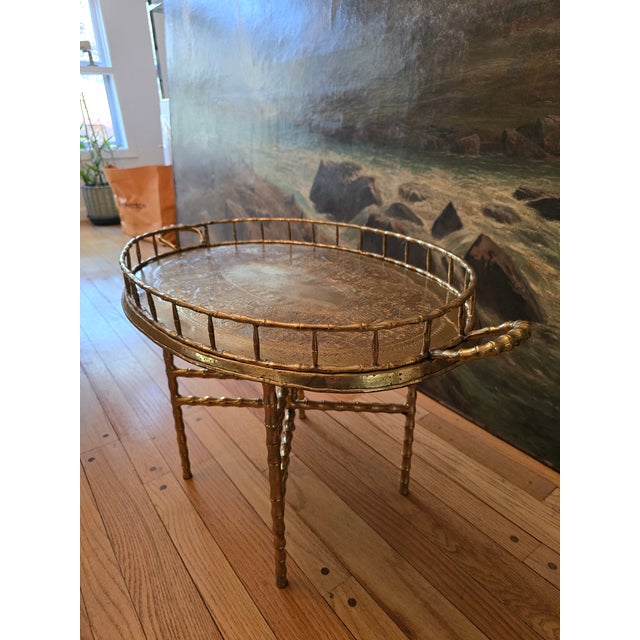 Hollywood Regency Vintage Mid Century Hollywood Glamour Brass Tray Table For Sale - Image 3 of 8