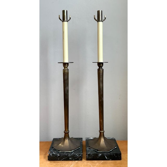Late 20th Century Vintage Chapman Brass and Marble Candlestick Lamps - A Pair For Sale - Image 5 of 18
