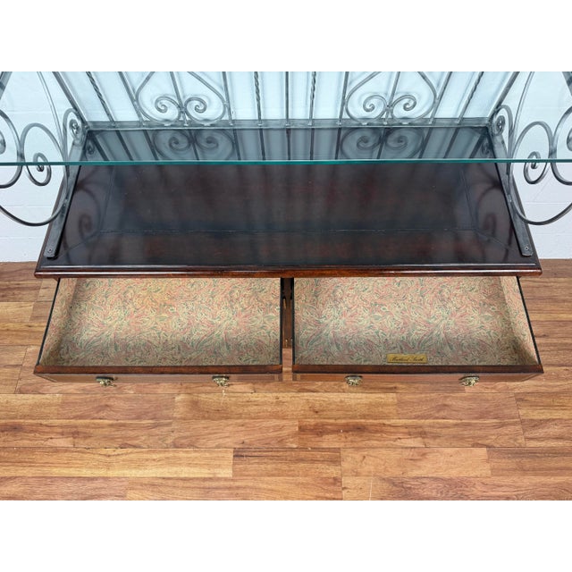 Maitland Smith Neoclassical Leather Wrapped Base Ornate Ironwork Baker’s Rack For Sale - Image 9 of 12