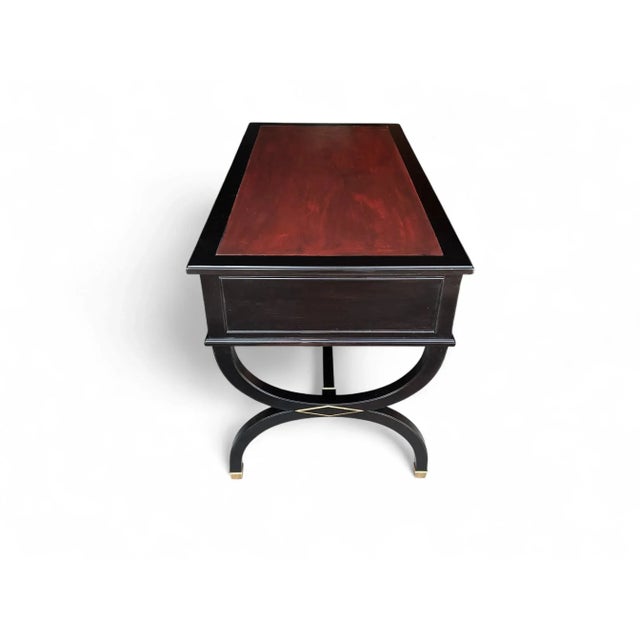 1950s Mid 20th Century Hollywood Regency Ebonized Desk With Cognac Leather Top by Sligh-Lowry For Sale - Image 5 of 17