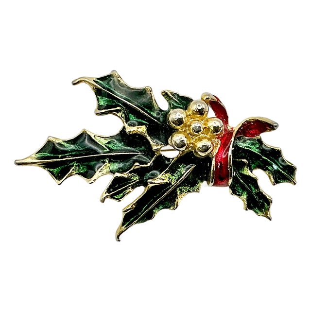 Mid-Century Boho Chic Americana Christmas Holly Swag Brooch With Red Ribbon. For Sale