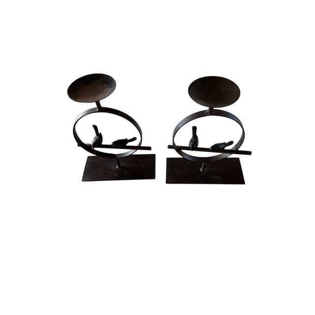 French Country Pair of Pottery Barn Heavy Iron Bird & Branch Pillar Candle Holders For Sale - Image 3 of 8