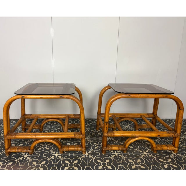 Mid-Century Modern Mid-Century Modern Italian Bamboo and Rattan Side Tables with Smoked Glass, 1950s, Set of 2 For Sale - Image 3 of 18