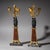 Pair of Italian girandoles on triangular marble bases with pyramidal Rouge Griotte marble plinths, resting on gilded...