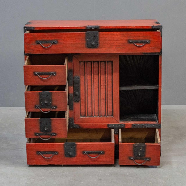 Japanese Vintage Japanese Red Lacquer Merchant Chest / Choba Tansu For Sale - Image 3 of 11