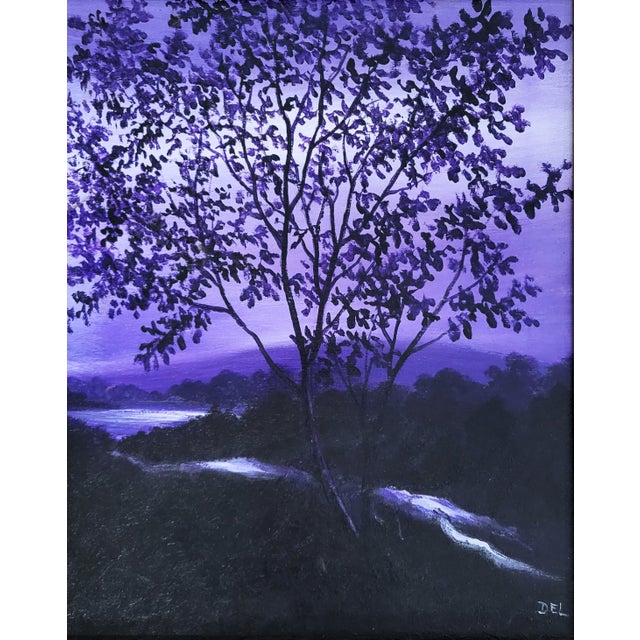 Modern Vintage American 20th C Framed Oil Painting Nocturnal Landscape River & Forest For Sale - Image 3 of 16