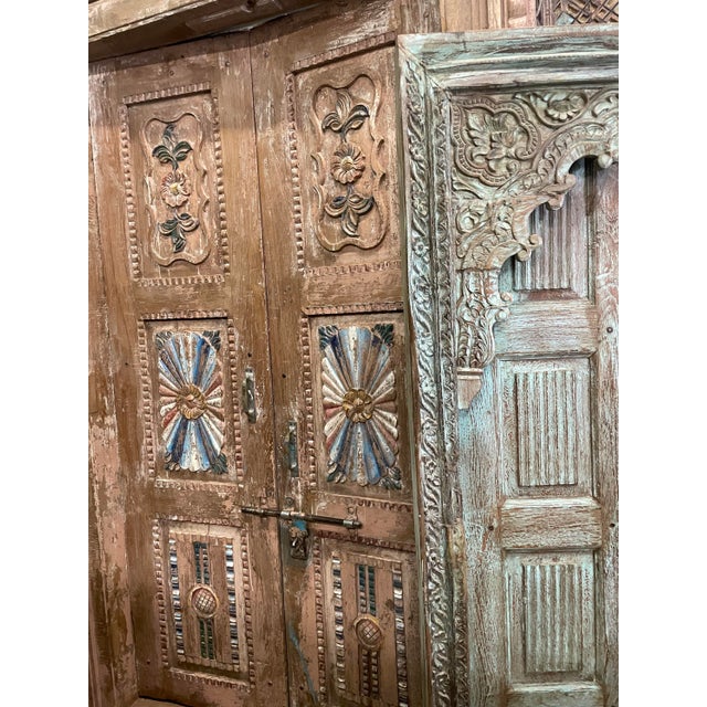 Antique Indo-French Teak Garden Double Doors | Hand-Carved Architectural Statement 98 For Sale - Image 4 of 7