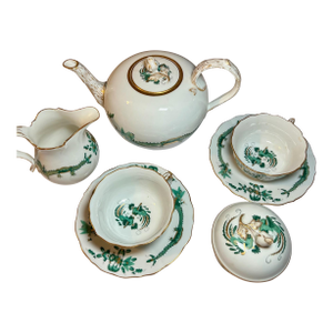 Mid 20th Century Meissen “Green Dragon” Porcelain Tea Set with Gold Accents - Set of 7