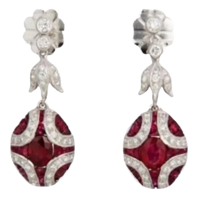 Diamond and Natural Ruby Art Deco Style Drop Earrings - 2 Pieces For Sale