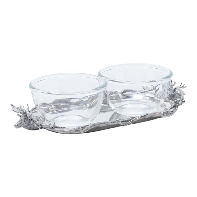 St. Anton Stag Head Pewter Serving Tray with Glass Bowls For Sale